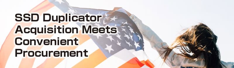 A person with long hair holds an American flag in the wind. Large black text on the left reads, SSD Duplicator Acquisition Meets Convenient Procurement. The scene highlights seamless procurement and efficient acquisition outdoors.