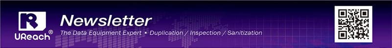 A purple banner with the UReach logo, Foxconn MIH Electric Vehicle Group branding, and a QR code. Text below reads: The Data Equipment Expert • Duplication / Inspection / Sanitization.