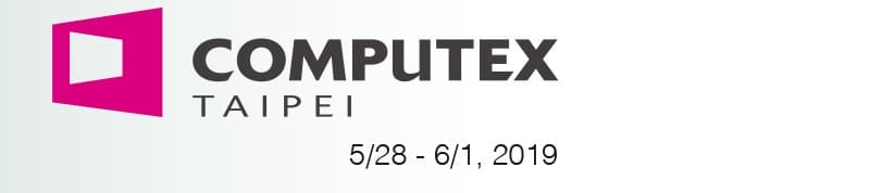 Logo for COMPUTEX Taipei with event dates 5/28 - 6/1, 2019. The logo features a pink and white geometric shape to the left of the text.