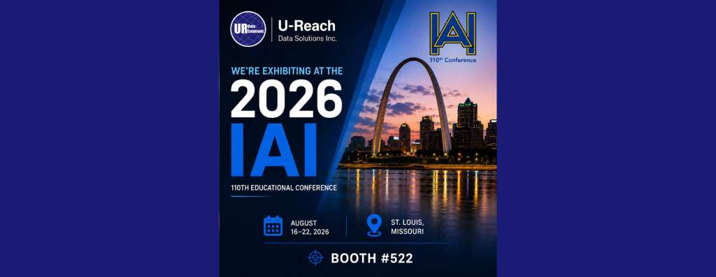 Promotional graphic for U-Reach Data Solutions at the 2026 IAI Conference in St. Louis, Missouri, featuring event dates, city skyline, Gateway Arch, and booth #522 information.