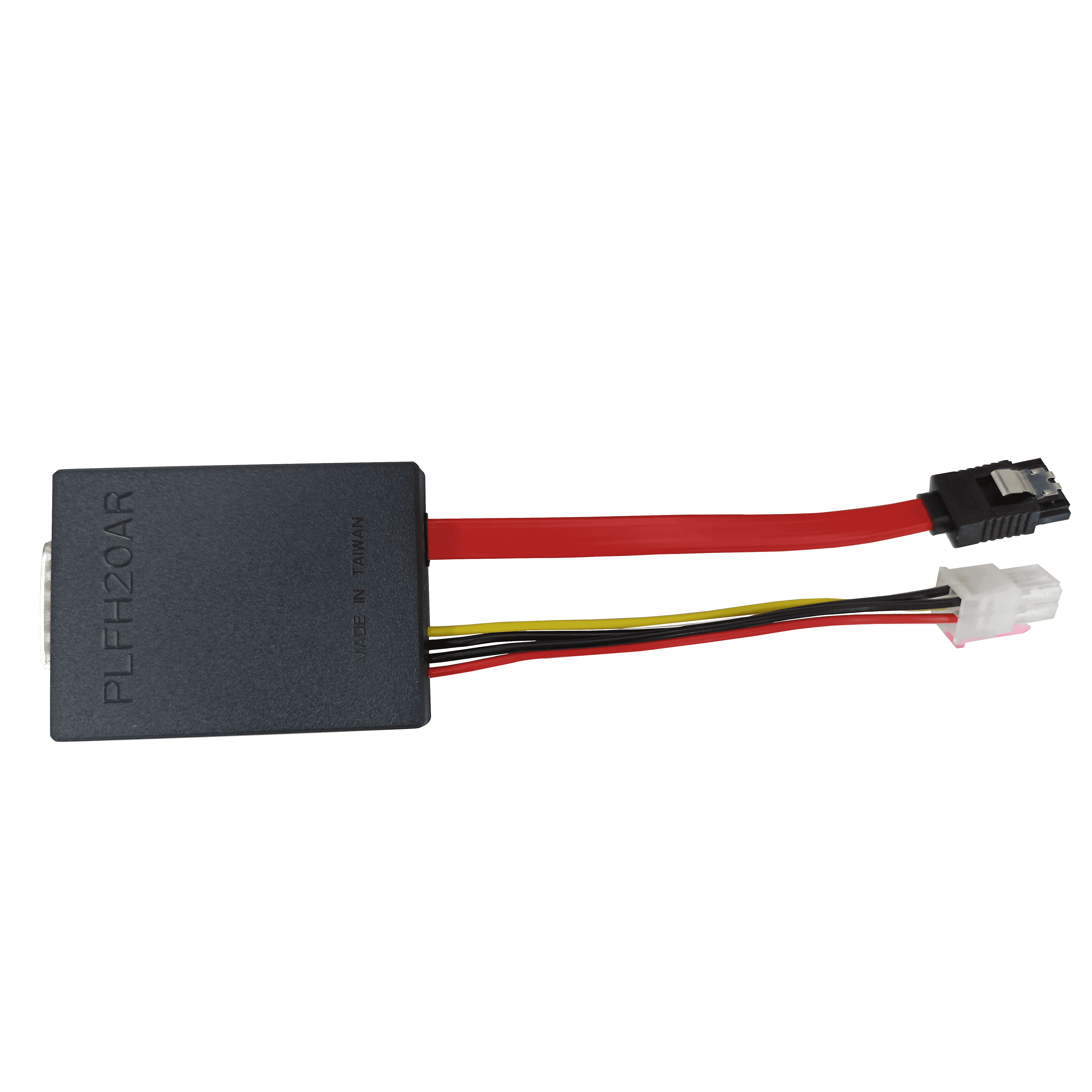 A black PLFH20AR Adapter electronic module with red, yellow, and black wires offers robust connectivity through two different connectors. The rectangular unit is labeled PLFH20AR and has MADE IN TAIWAN embossed on it.