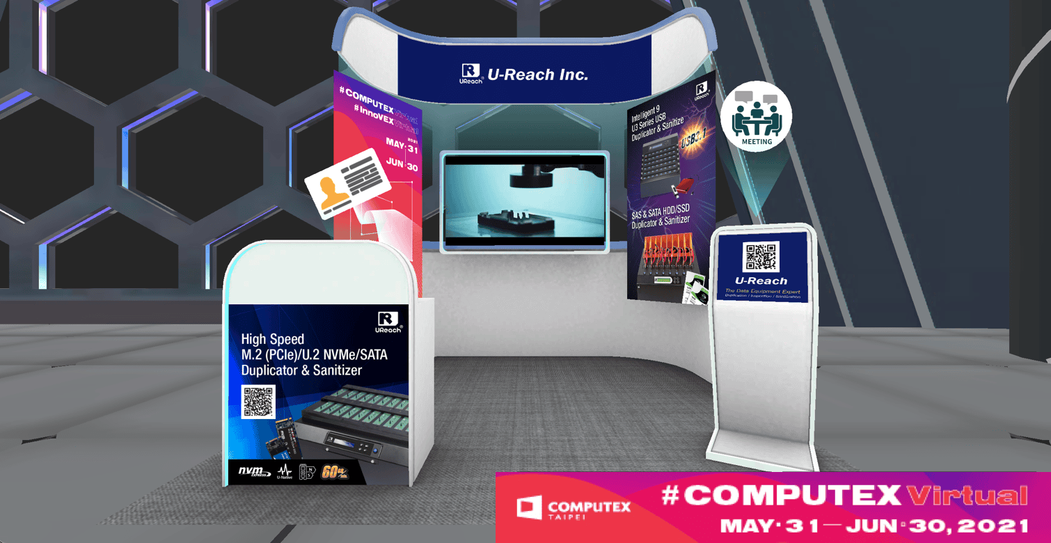 A virtual booth for U-Reach Inc. at COMPUTEX Virtual 2021 displays banners about a high-speed M.2 duplicator and sanitizer, QR codes, and a screen with a device image. Event dates are May 31–June 30, 2021.