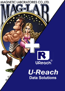 A split image: the left shows a cartoon centaur man and blonde woman with MAG-LAB text above them; the right features the UReach logo and U-Reach Data Solutions, highlighting its role as a distributor for the Japanese Market on a blue background.