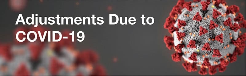 Text Adjustments Due to COVID-19 next to a close-up illustration of the coronavirus with red spikes on a gray background.