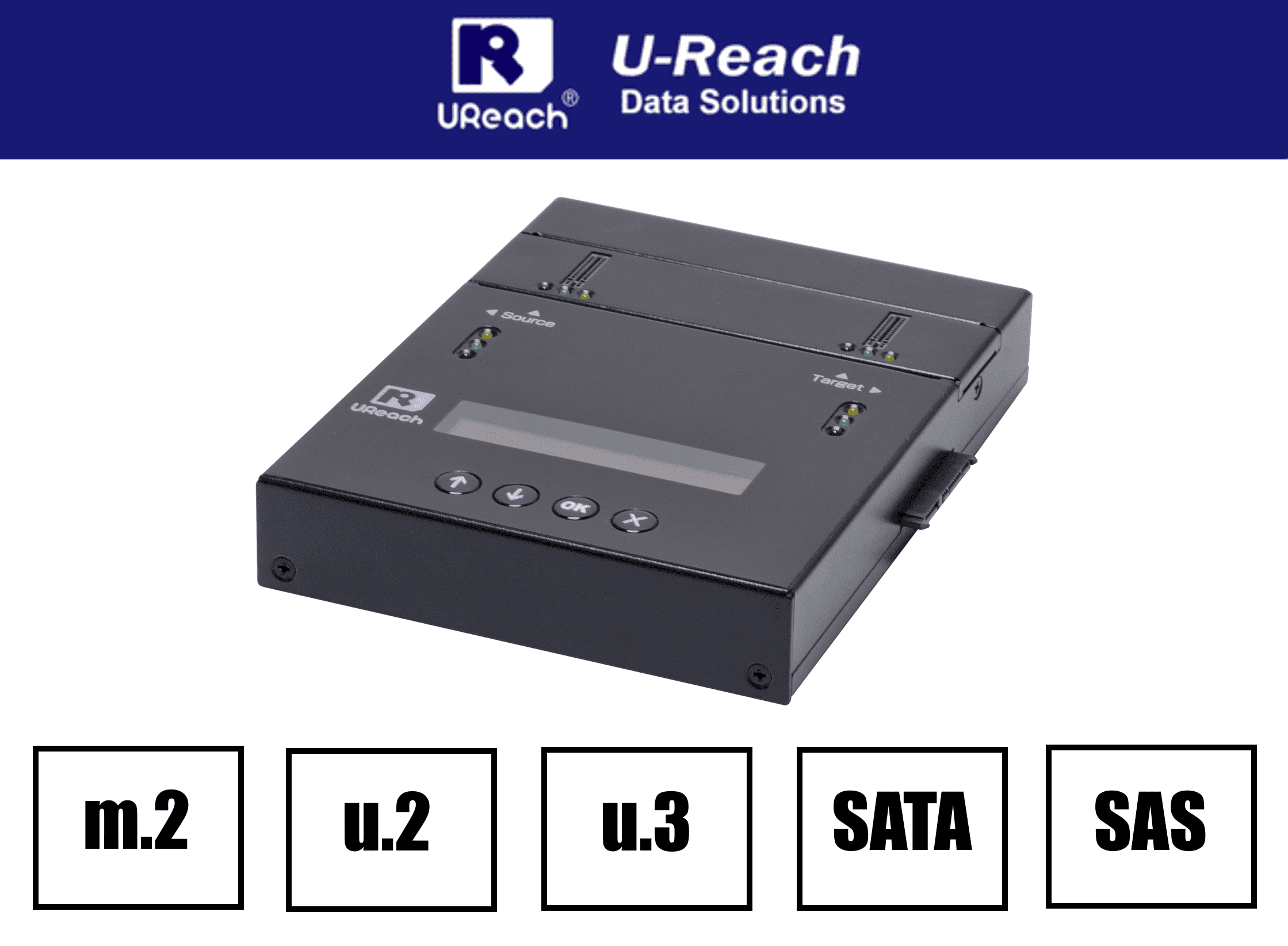 A U-Reach NVS200USAS data duplicator device is shown with indicator lights, buttons, and a display screen. Above it is the U-Reach logo and Data Solutions, highlighting a New Product Launch. Icons below are labeled M.2, U.2, U.3, SATA, and SAS.