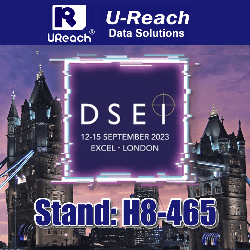 UReach Data Solutions event poster for the London 2023 Defense & Security International Trade Show (DSEI), held 12-15 September at ExCeL London. The background features Tower Bridge, with Stand: H8-465 displayed at the bottom.