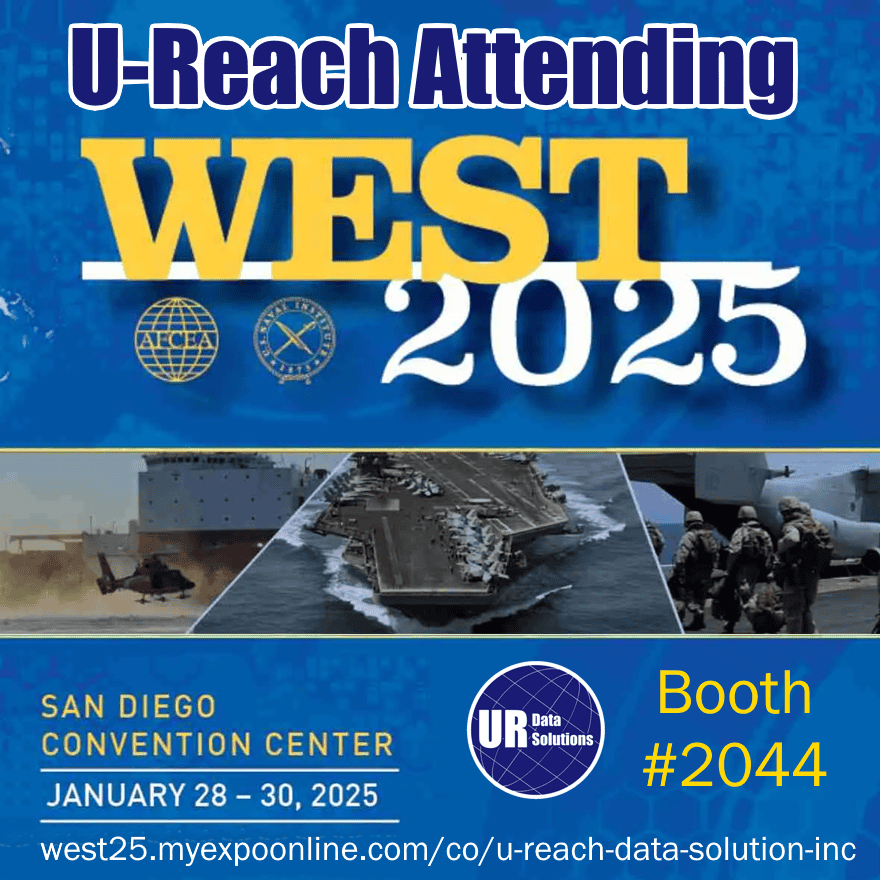 Promotional graphic for West 2025 Trade Show at San Diego Convention Center, January 28–30, featuring military ships, aircraft, event details, U-Reach Data Solutions logo, and text stating U-Reach Attending, Booth #2044.