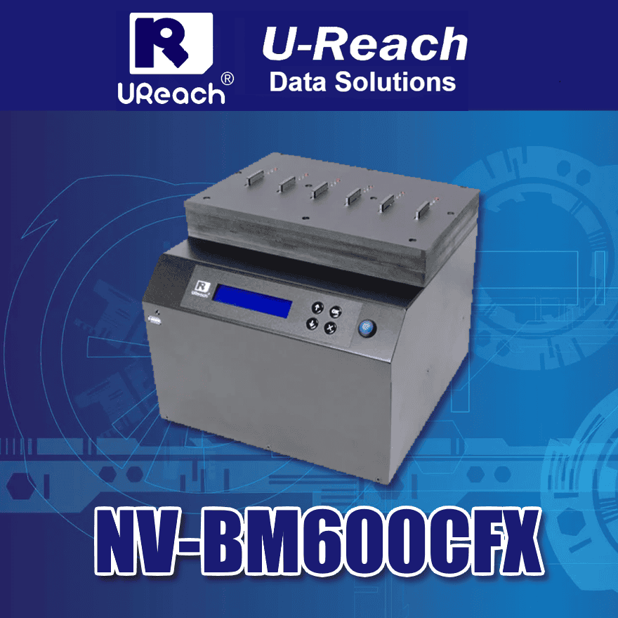 A U-Reach NV-BM600CFX product with control buttons and a digital display, showcased against a blue background featuring the U-Reach Data Solutions logo—highlighting this powerful new product launch.