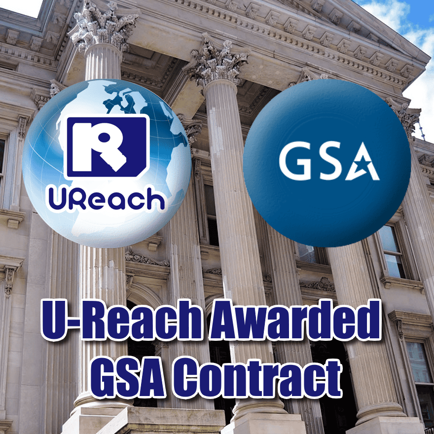 Two logos, one for U-Reach Data Solutions and one for GSA, are shown in front of a government building with tall columns. Text below the logos reads: U-Reach Awarded General Services Administration Contract.