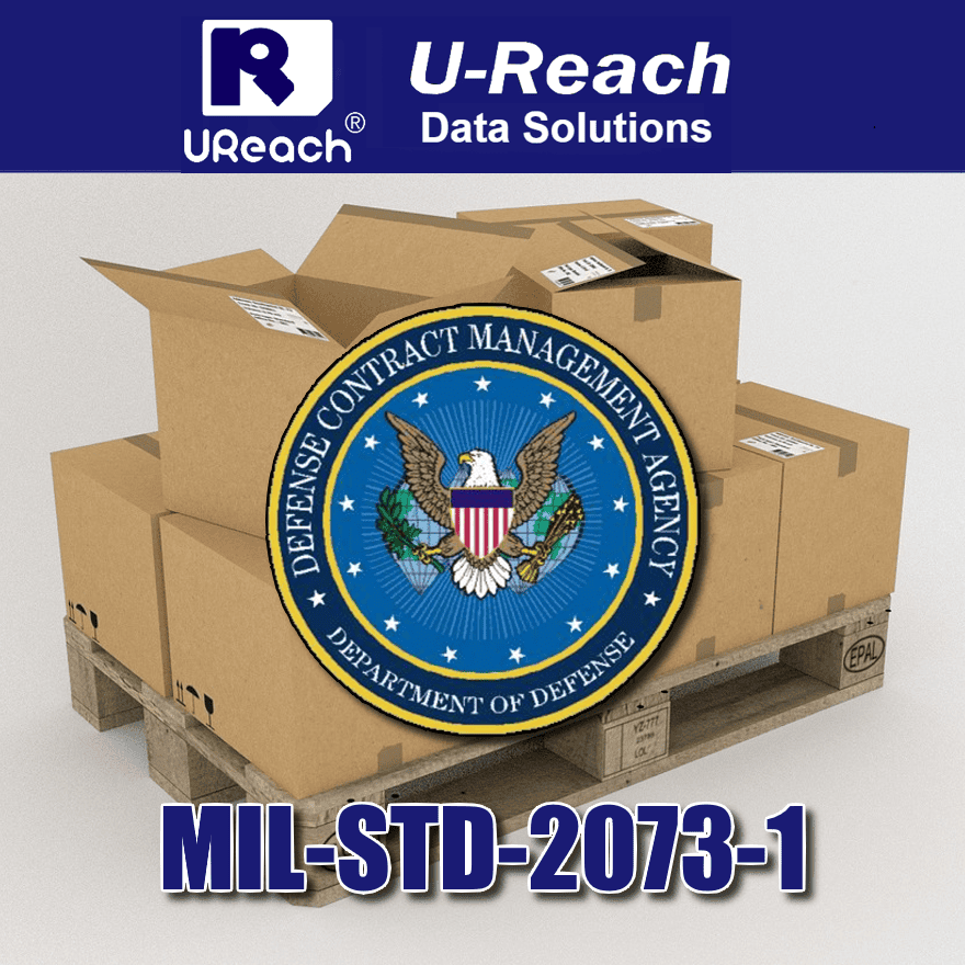 A stack of open cardboard boxes on a pallet, overlaid with the Defense Contract Management Agency seal. Text above reads U-Reach Data Solutions, highlighting shipping compliance, and below reads MIL-STD-2073-1.