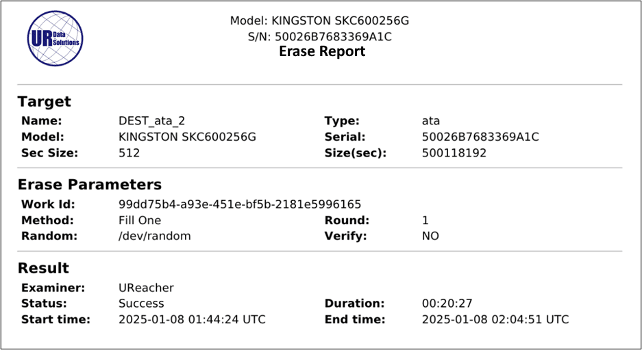 A digital erase report for a KINGSTON SKC600256G drive shows the erase method was /dev/random, one round, and the result was Success. The process took 20:27 minutes, completing on 2025-01-08 at 01:04:51 UTC.