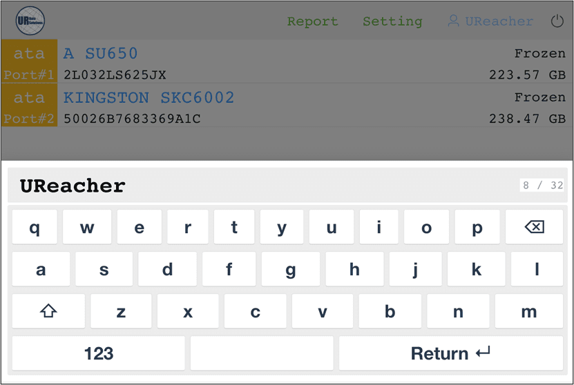 A tablet screen shows a storage management app with two drives listed, both marked Frozen with their capacity shown. A virtual keyboard is open at the bottom with UReacher typed in the input field.